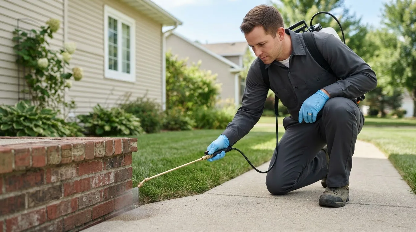 Pest control technician treating a home near Medford, OK